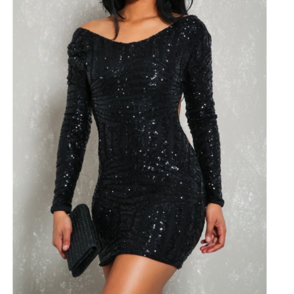 💕Celebrity! Sexy Black Long Sleeve Sequin Dress - Picture 6 of 8